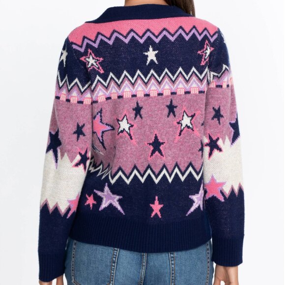 Johnny Was Shana Star Wool Cardigan Sweater Size XL Pink Blue Stars Sparkly NWOT - Picture 2 of 16